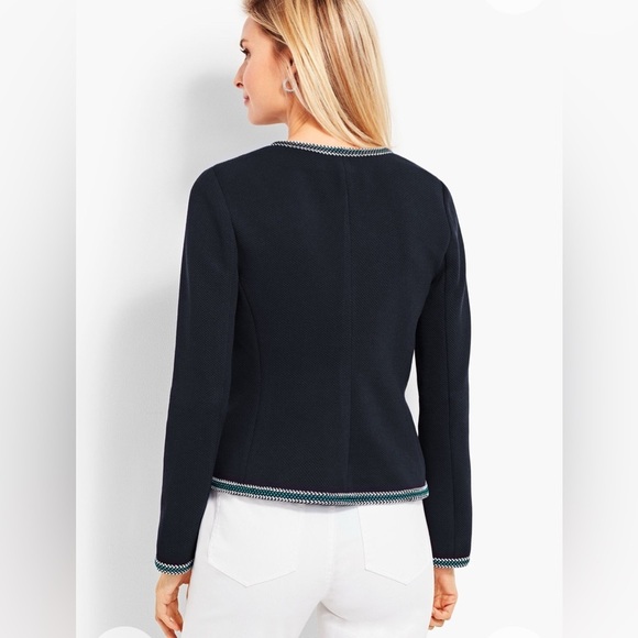 Talbots Braided Trim Zip Jacket Blazer Pockets Navy Green White Size 10 - Picture 11 of 11